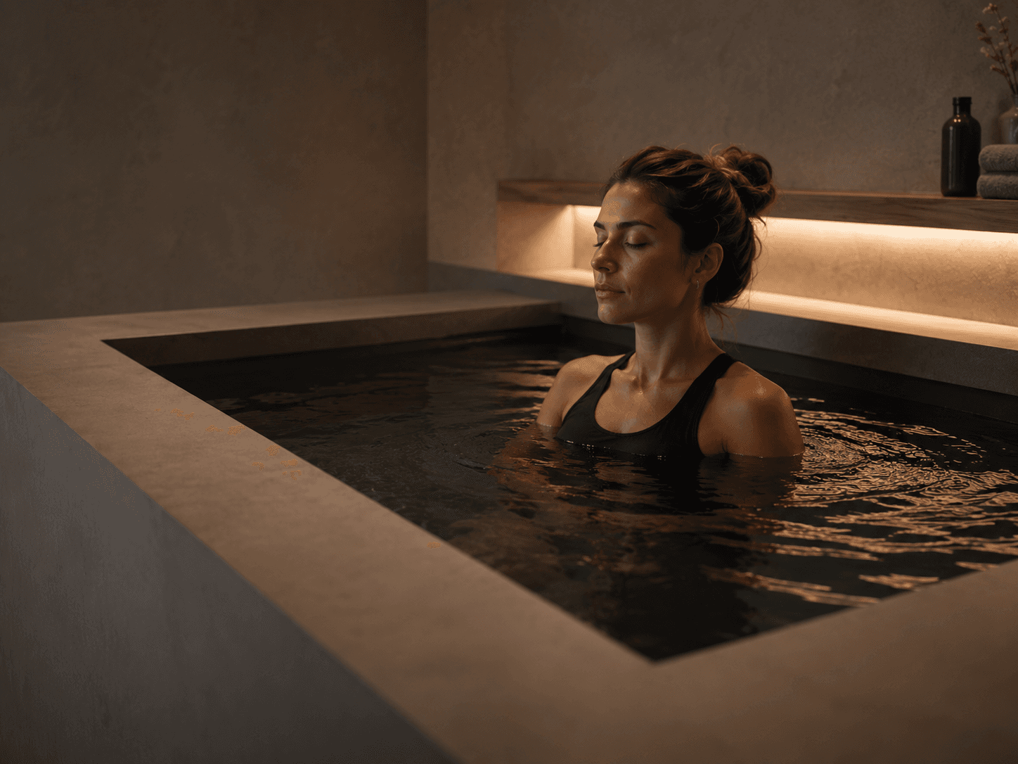 The cold plunge pool at Ignite + Aliign, Bangalore — a member immersed to the shoulders, eyes closed