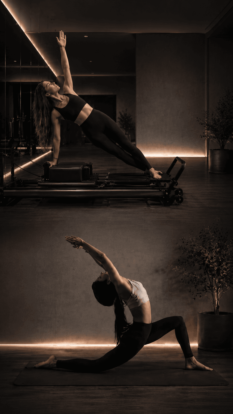 A reformer side plank and a mat backbend in the pilates studio at Ignite + Aliign, Ulsoor Lake
